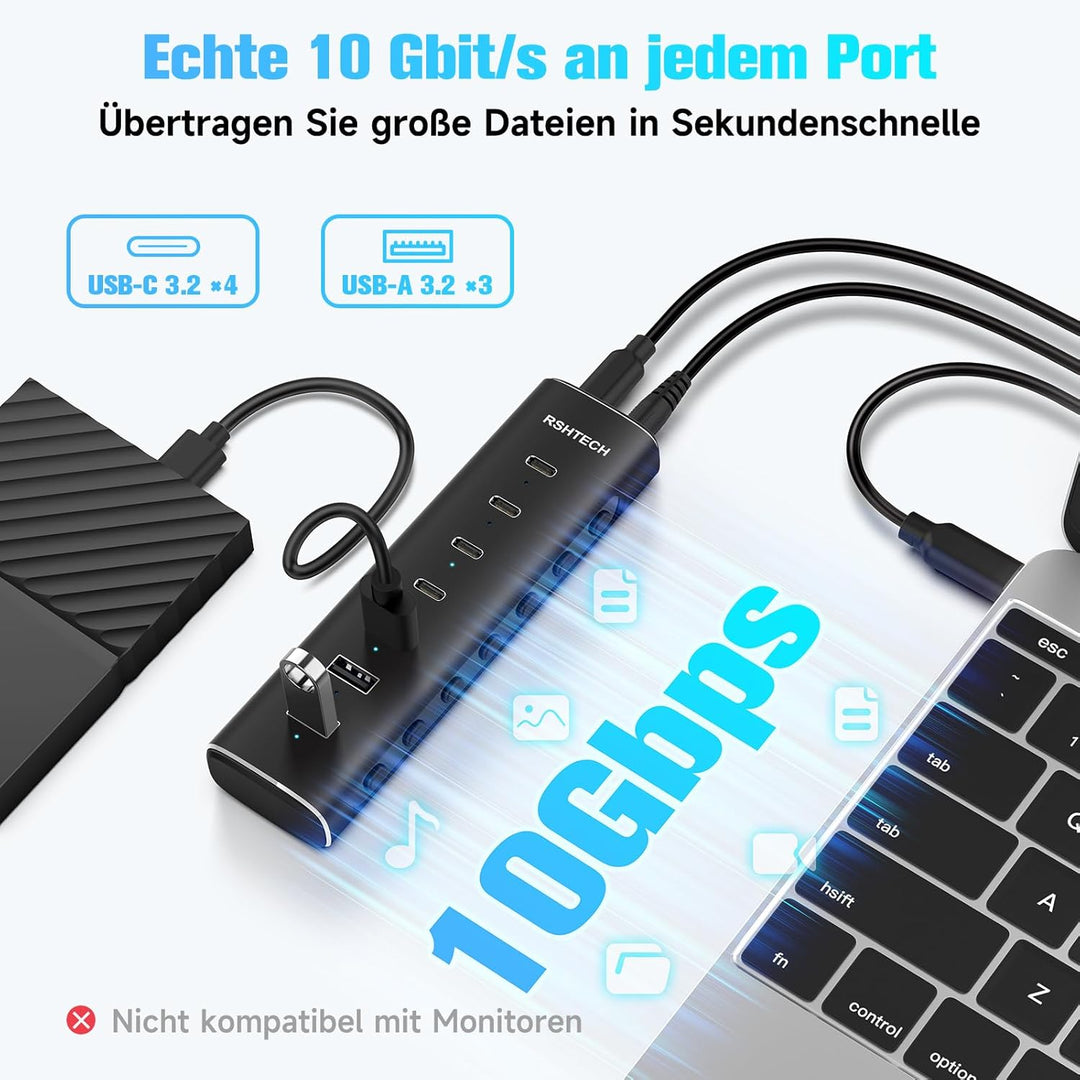 RSHTECH Alle 7 Anschlüsse sind USB-C Hub 3.2 mit Netzteil - Aktiver Verteiler 3.1 - Aktiv Schaltbaer