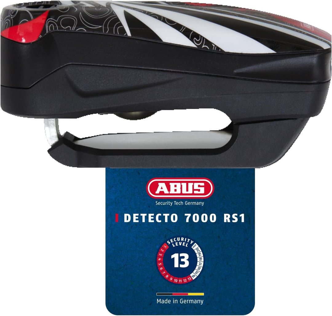 ABUS Bremsscheibenschloss Detecto 7000 RS1 – Motorradschloss mit Alarm – flame black one size Schwar