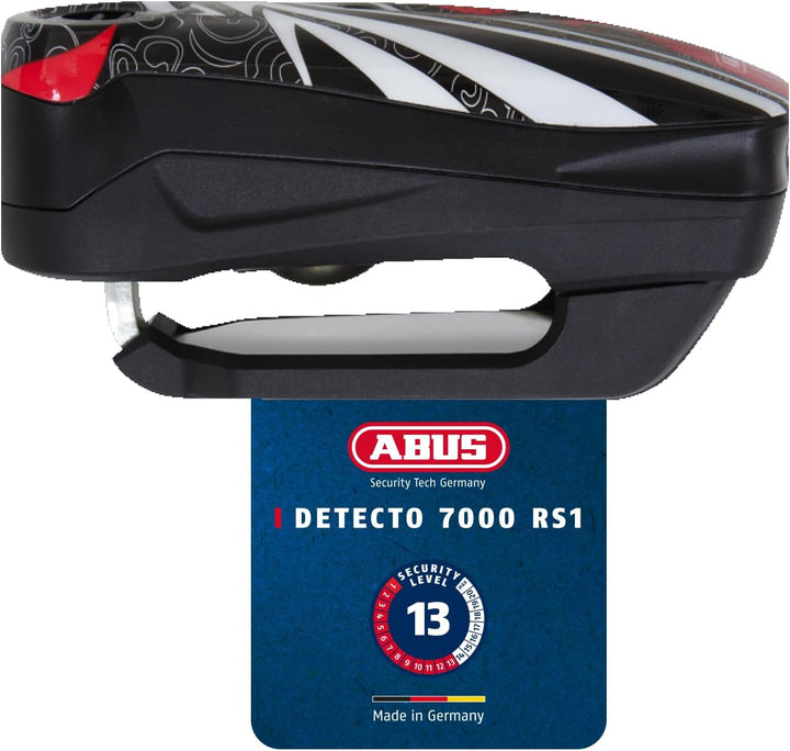 ABUS Bremsscheibenschloss Detecto 7000 RS1 – Motorradschloss mit Alarm – flame black one size Schwar