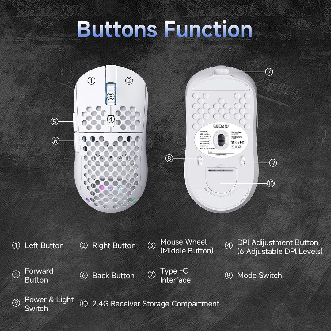 Dierya M1 Kabellose Gaming Maus, 24.000 DPI Optischer Sensor, 90g Leichtgewicht, 6 Programmierbare T
