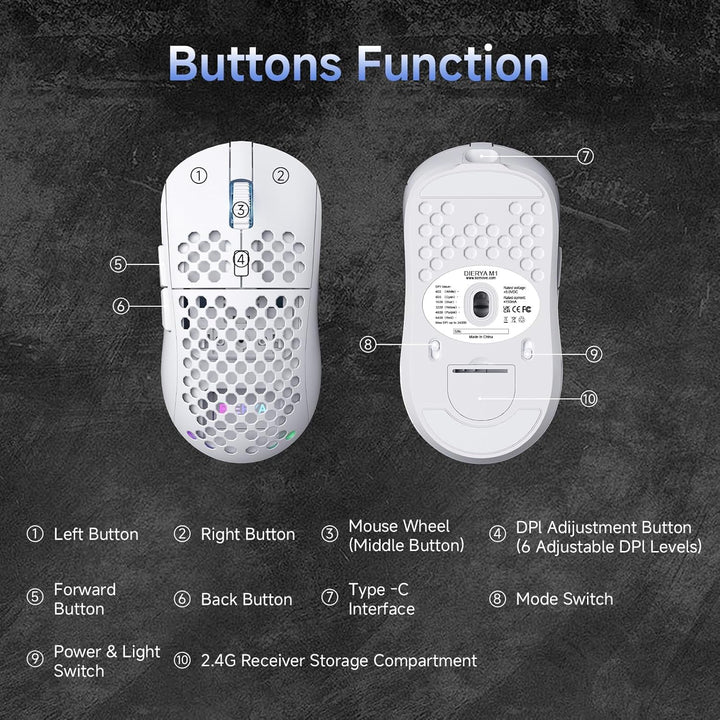 Dierya M1 Kabellose Gaming Maus, 24.000 DPI Optischer Sensor, 90g Leichtgewicht, 6 Programmierbare T