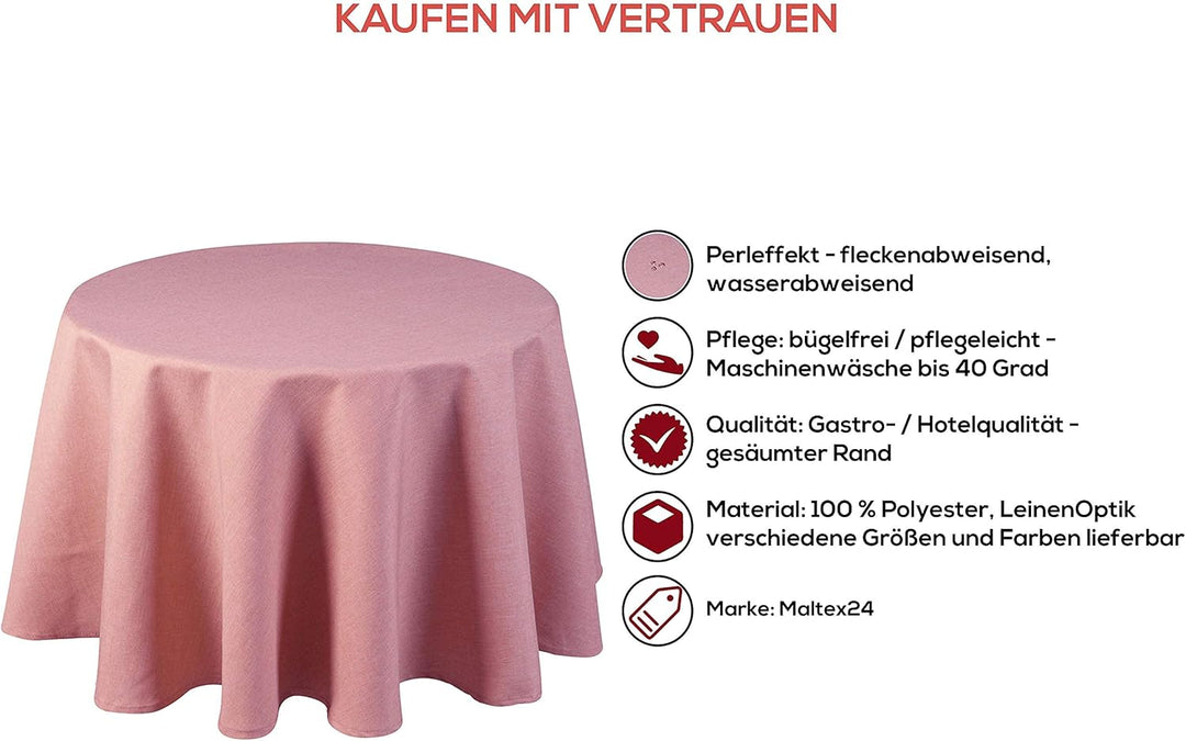 Textil Tischdecke - Leinen Optik - wasserabweisend Rund (Altrosa, 140 cm) Altrosa 140 cm, Altrosa 14