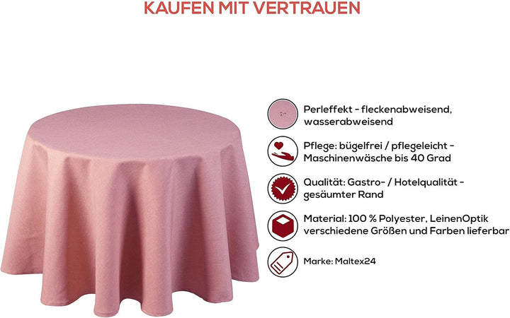 Textil Tischdecke - Leinen Optik - wasserabweisend Rund (Altrosa, 140 cm) Altrosa 140 cm, Altrosa 14