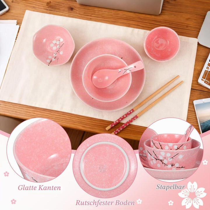 HEMOTON 6Pcs Japanisches Geschirrset Keramikplatten Schalen Löffel Essstäbchen Tassen Chinesisches K