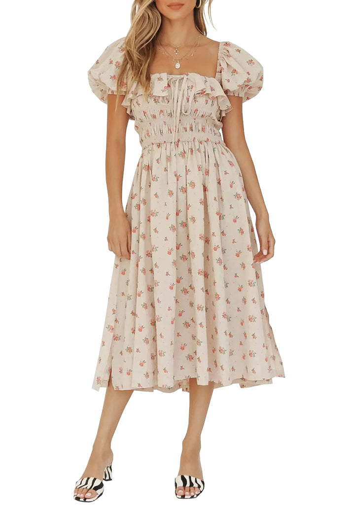R.Vivimos Damen Casual A-Line Print Vierkant Puff Ärmel Kleid Saum Hohe Taille Midi Fitted Kleid Ber