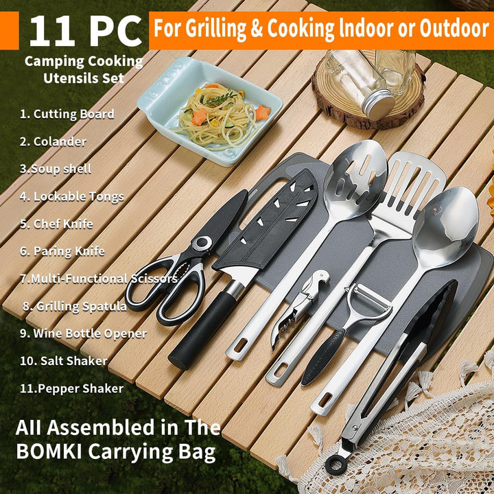 Evanda Camping Kochgeräte Set 10 Stück, Edelstahl Outdoor Kochen und Grillen Utensil Organizer Trave
