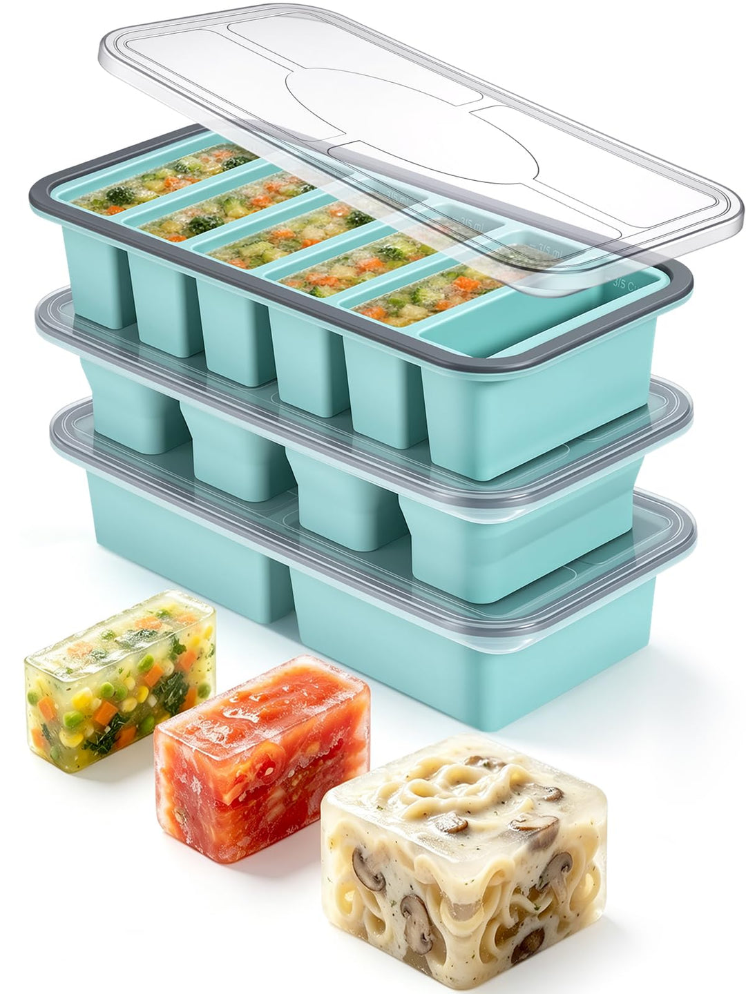 Weenkler 3er-Set Silikon Gefrierform mit Deckel für Meal Prep | 2 Cup, 1 Cup &amp; 3/5 Cup Cubes, BPA-fr