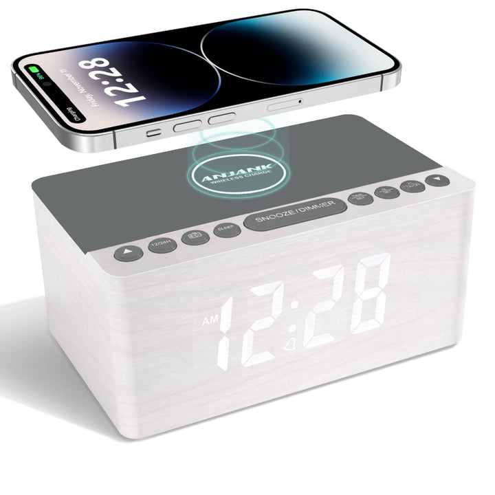 ANJANK Hölzerner Radio wecker Digital mit kabelloses Laden,10W Fast Wireless Charger for Iphone/Andr