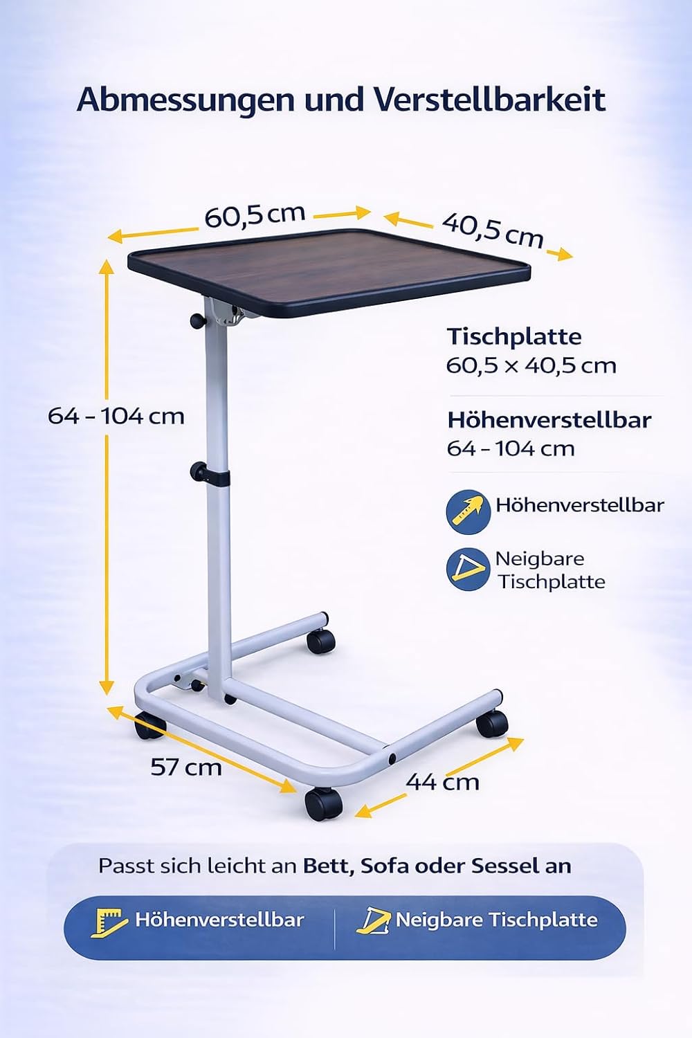 DynaSun Höhenverstellbarer Beistelltisch Pflegebett-Tisch T005 – 64–104 cm, 7-Fach neigbare Tischpla