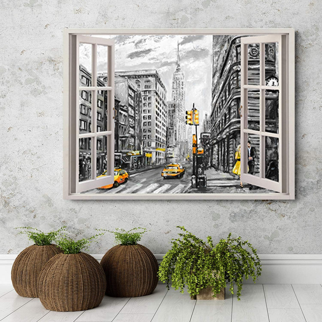 Wanddeko Fenster-Illusion Kunst modern Bilder New York Gelb 90x60 cm Deko Paneel 90x60 cm Gelb_a, De