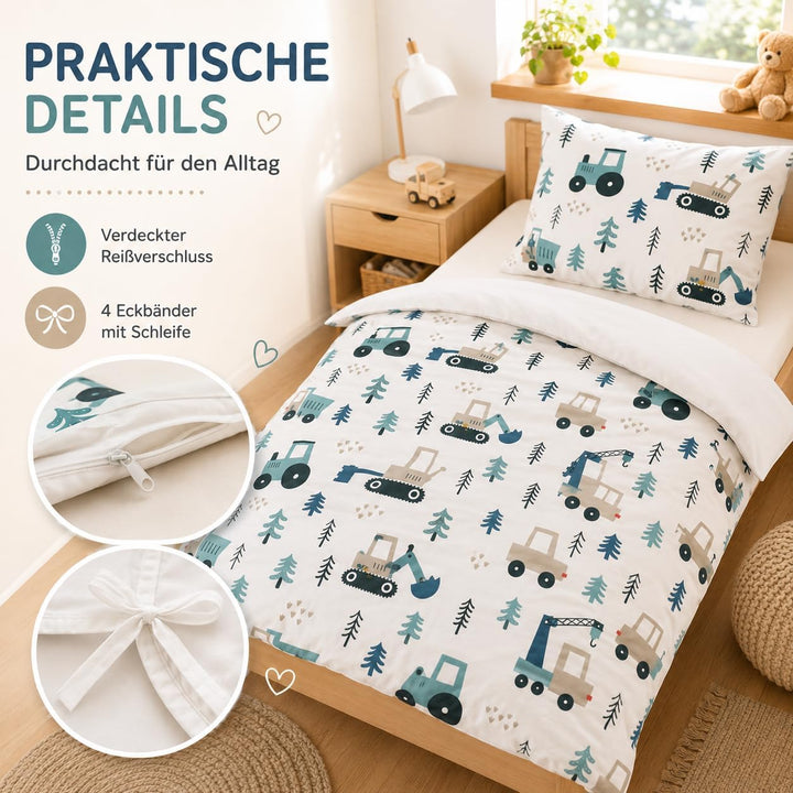 DJDEA Bagger Kinderbettwäsche 135x200 Junge Weich Mikrofaser | Baustellen Motiv Bettwäsche Kinder mi