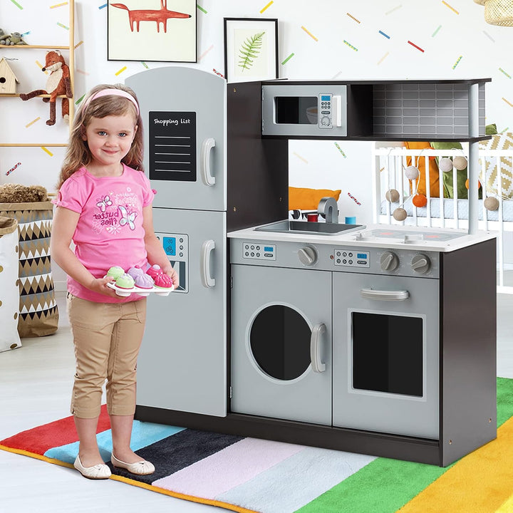 COSTWAY Kinderküche aus Holz, Spielküche mit Spüle und Wasserhahn, Herd mit Klickgeräuschen, Backofe