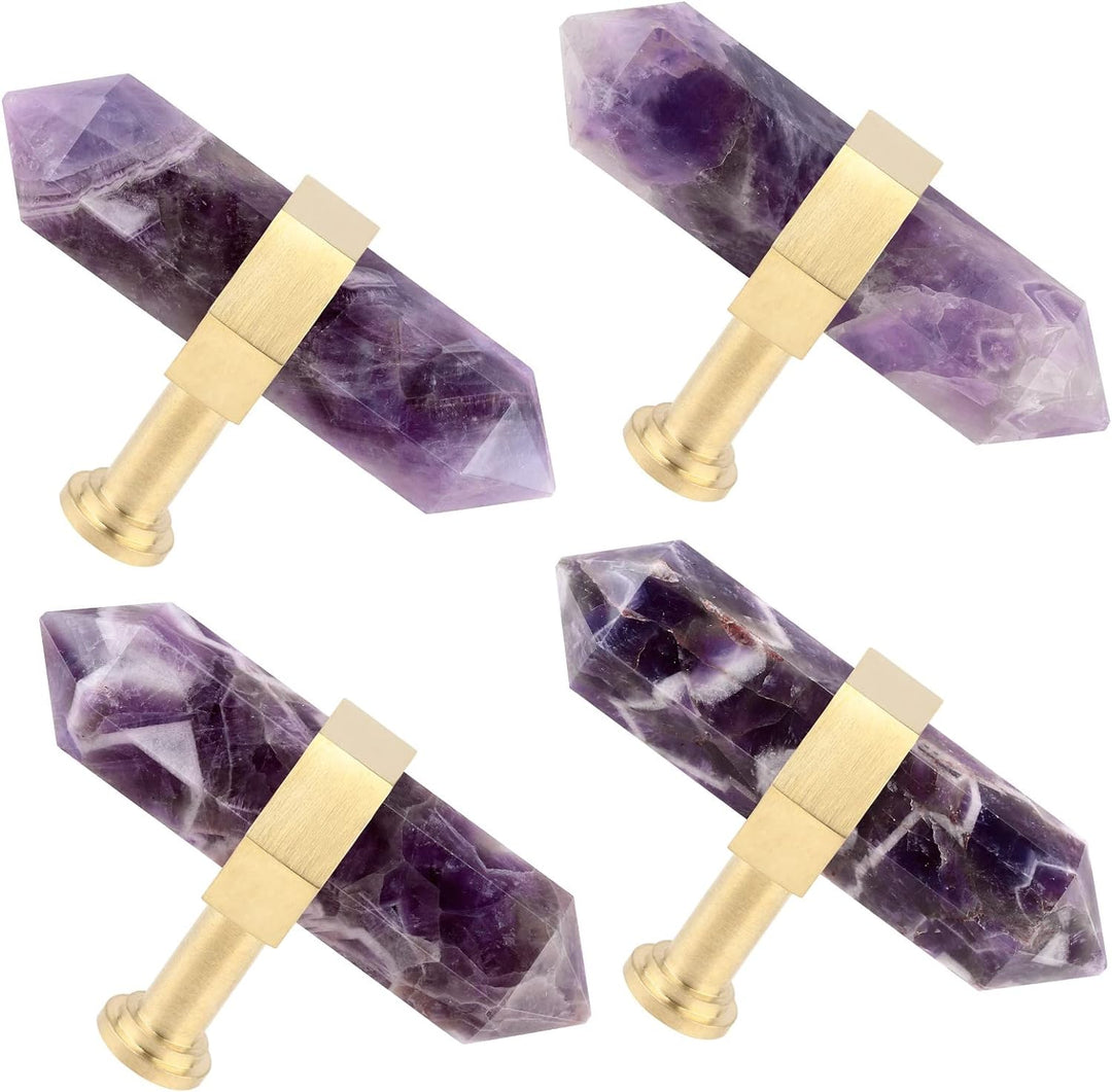 KYEYGWO 2 Stück Amethyst Heilstein Punkt Möbelknöpfe mit Schrauben, Messing Schubladenknöpfe Kristal