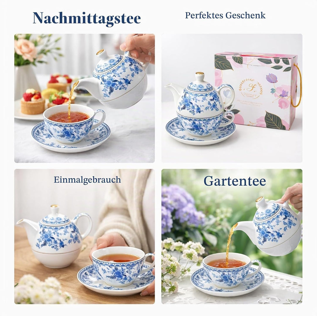 Porcelain Tea for One Set Beautiful Flower Ceramic Teapot with Cup Gifted Box (Blue and White), Blue