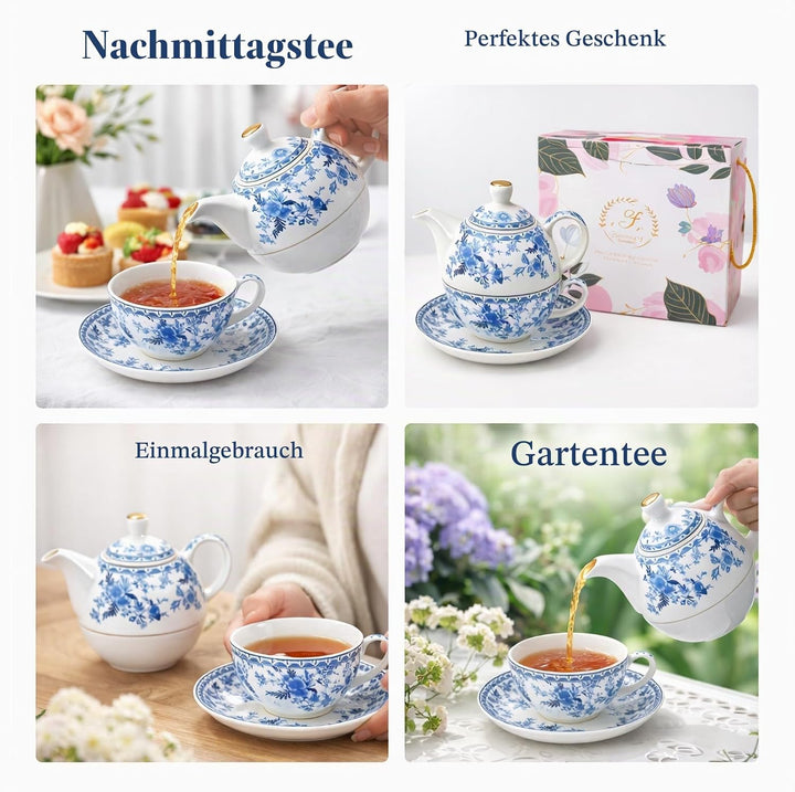 Porcelain Tea for One Set Beautiful Flower Ceramic Teapot with Cup Gifted Box (Blue and White), Blue