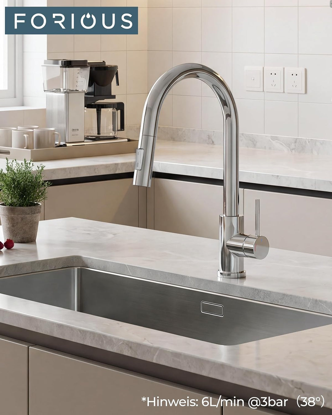 FORIOUS Niederdruck Küchenarmatur, Wasserhahn Küche mit Handbrause mit 2 Sprühmodi, 360 ° Drehbar, S