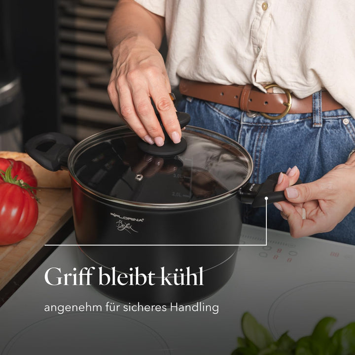 FLORINA Aluminium Topf (5 l) 22 cm I Kochtopf DELUX mit Glasdeckel I Messbecher & Antikratz-Beschich