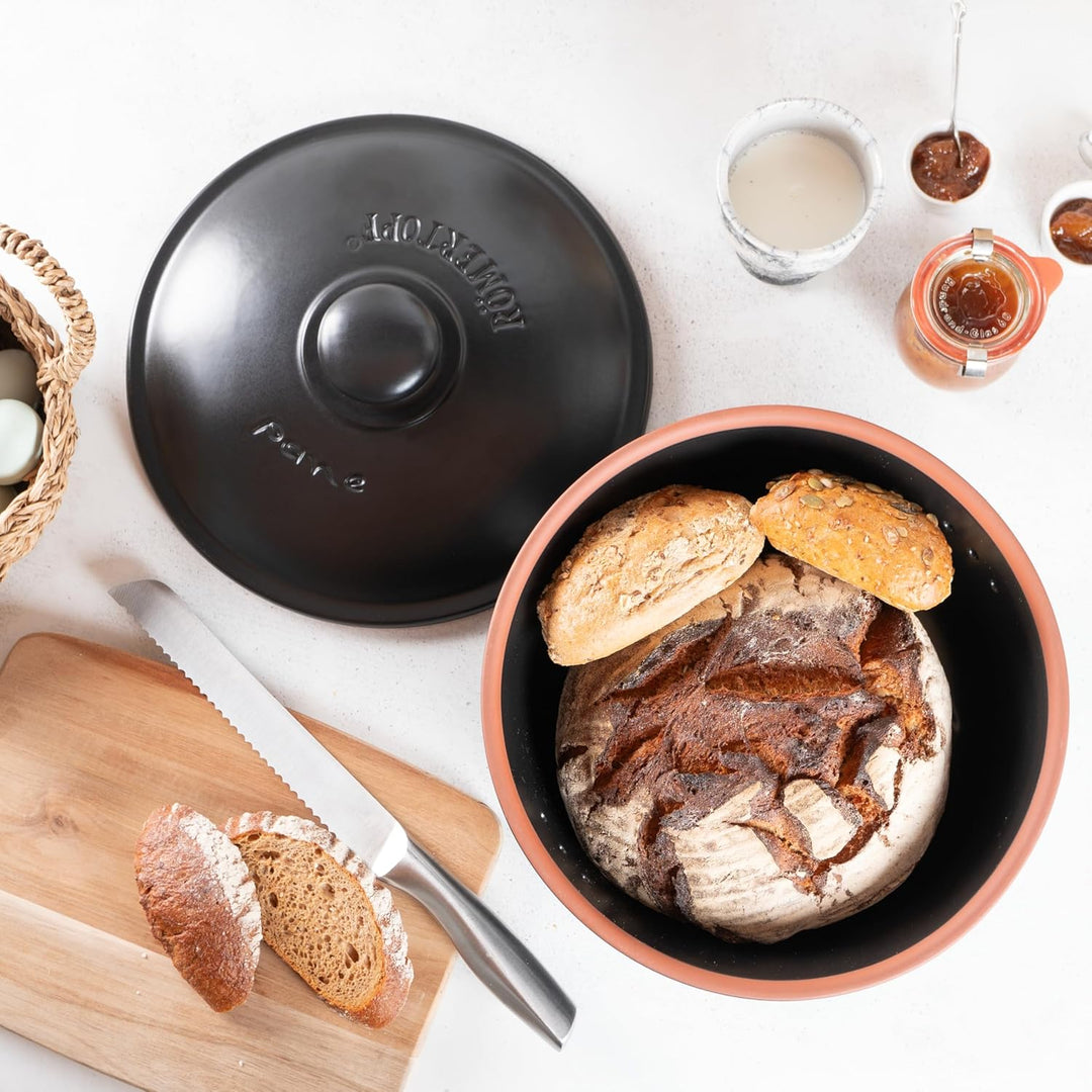 Römertopf Brottopf Rund Ø 30cm - Brotkasten Schwarz aus Keramik - Atmungsaktiver Tontopf für langanh