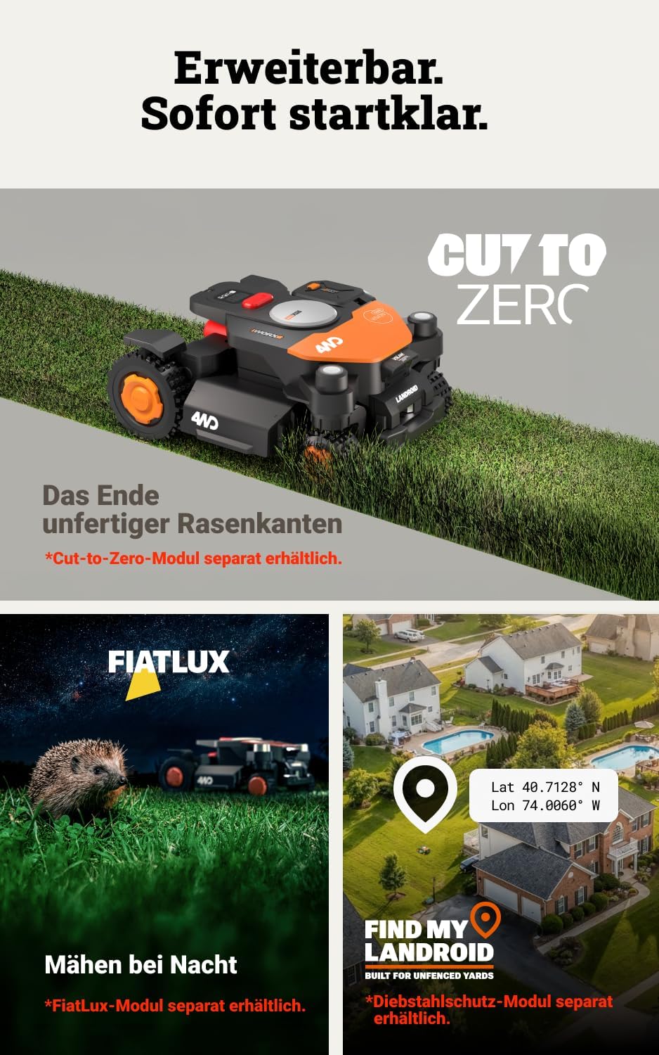 Worx Landroid Vision Cloud WR340E 4WD Mähroboter mit Garage, kabelloser Rasenmähroboter für bis zu 6