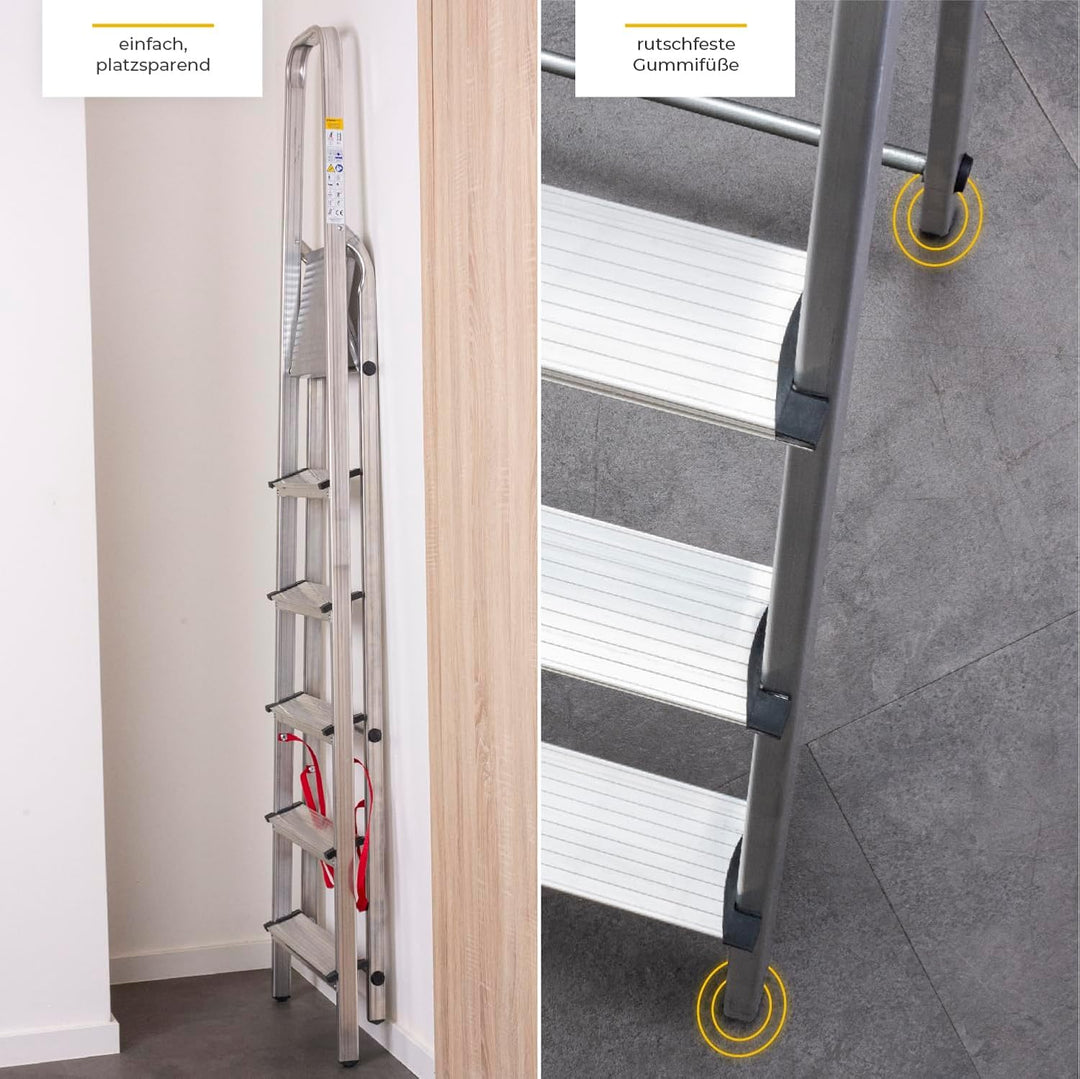 Trittleiter 6 Stufen Klappbar | max. 125kg | Haushaltsleiter 6 Stufen | Stehleiter 6 Stufen Alu für