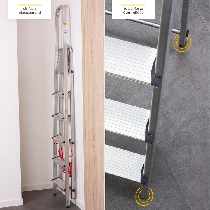 Trittleiter 6 Stufen Klappbar | max. 125kg | Haushaltsleiter 6 Stufen | Stehleiter 6 Stufen Alu für