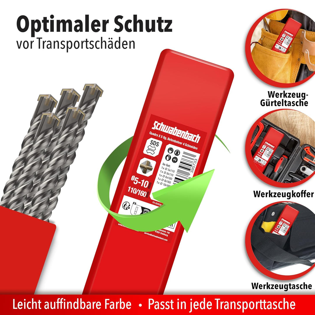 SCHWABENBACH ® SDS PLUS Betonbohrer Set 5tlg. Ø 5/6/8/10 mm x 110mm & 160mm Länge – Profi Steinbohre