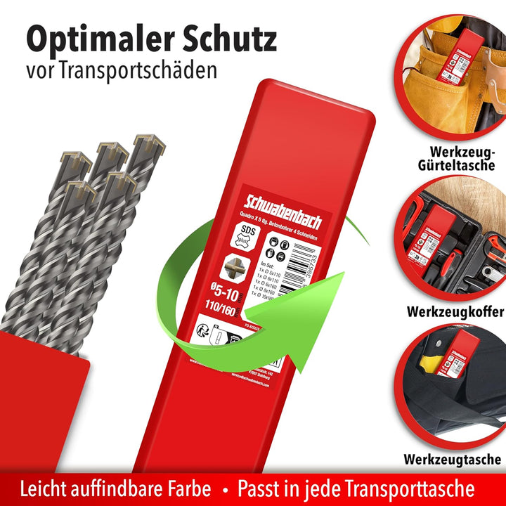 SCHWABENBACH ® SDS PLUS Betonbohrer Set 5tlg. Ø 5/6/8/10 mm x 110mm & 160mm Länge – Profi Steinbohre