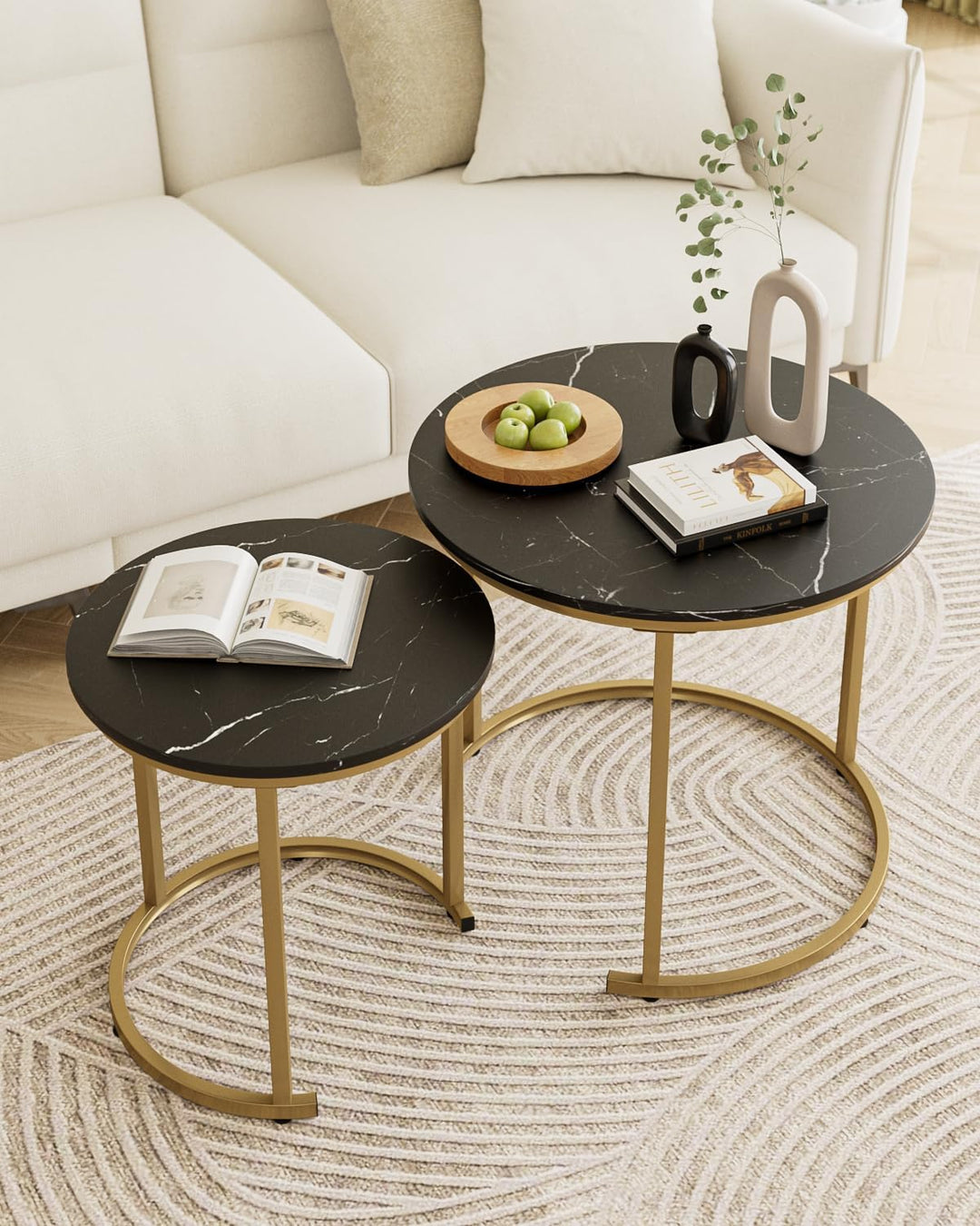 Couchtisch Rund 2er Set, Wohnzimmertisch, Beistelltische Gold Metall, Kaffeetisch für Sofatisch, Woh