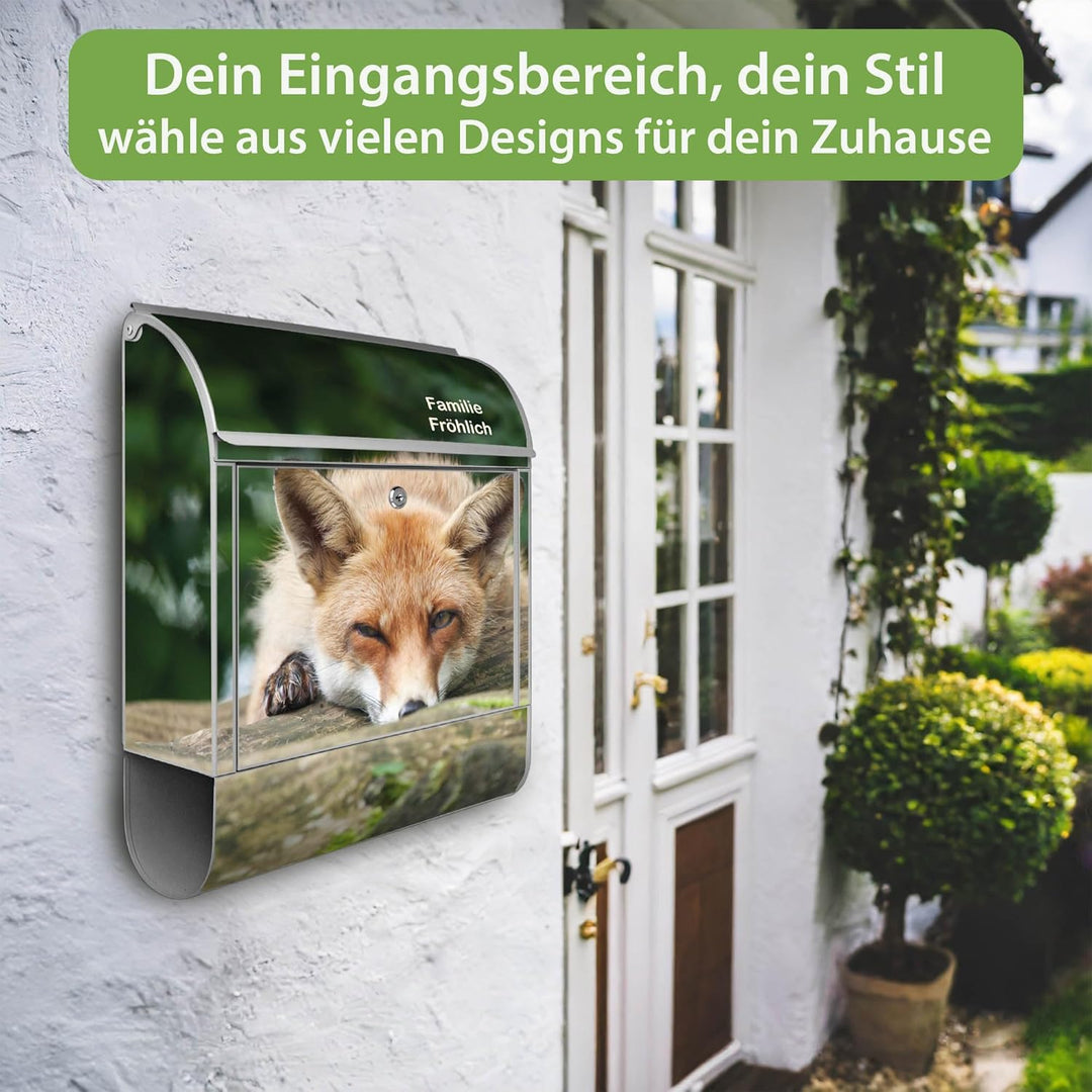 banjado® Design Briefkasten personalisiert mit Motiv Fuchs Relax 39x47x14cm & 2 Schlüssel - Briefkas