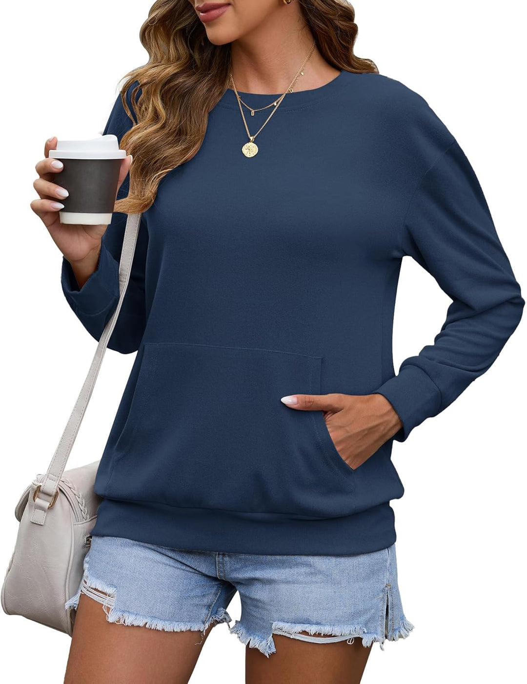 WNEEDU Damen Langarmshirts Lässige Sweatshirts mit Taschen Dunkelblau S, Dunkelblau S