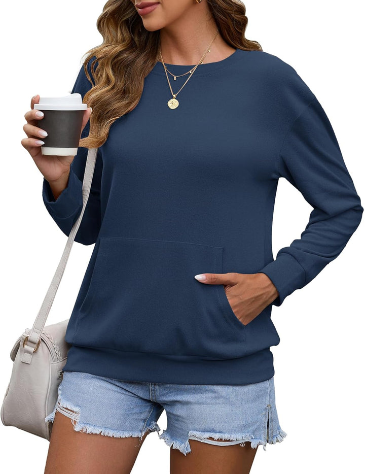 WNEEDU Damen Langarmshirts Lässige Sweatshirts mit Taschen Dunkelblau S, Dunkelblau S