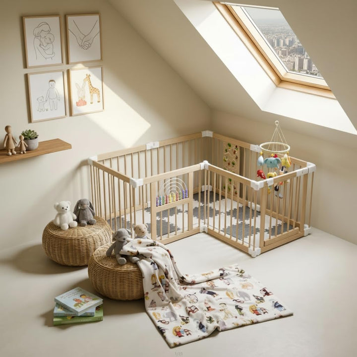 FIVMEN Laufstall Baby Faltbar 143.5 x 143.5 x 61cm inkl. Tür Matte Stabile Holz Laufgitter Anpassbar