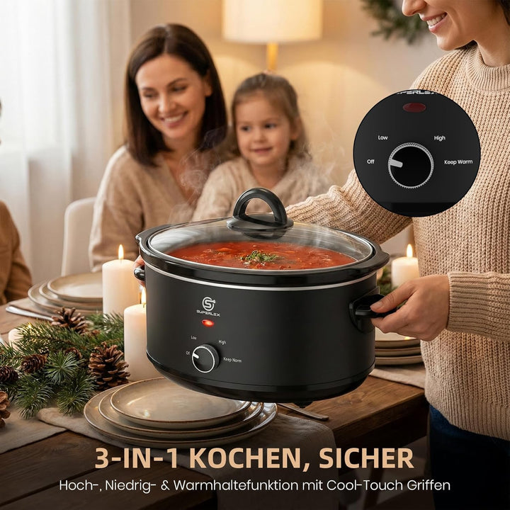 Slow Cooker 6.5L Grosser Elektrischer Schongarer Mit Keramiktopf Und Glasdeckel Temperaturstufen War