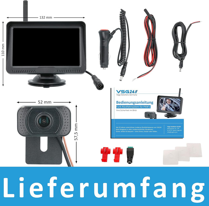 VSG24 5“ HD Funk Rückfahrsystem Premium ONE für PKW, KFZ Set kabellos inkl. Rückfahrkamera + Monitor