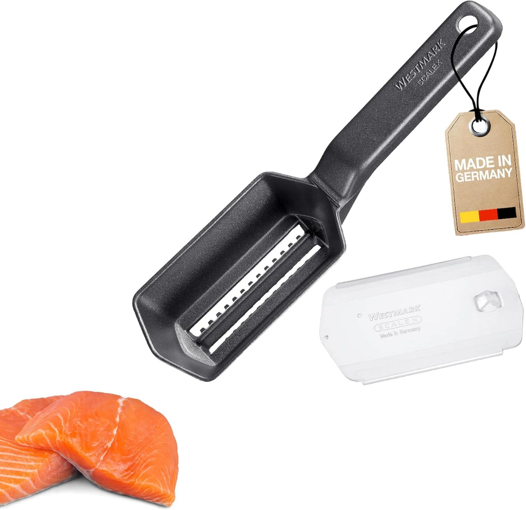 Westmark 65007760 Fischentschupper mit Schuppenauffangschale Black Edition – Aluminium, lebensmittel