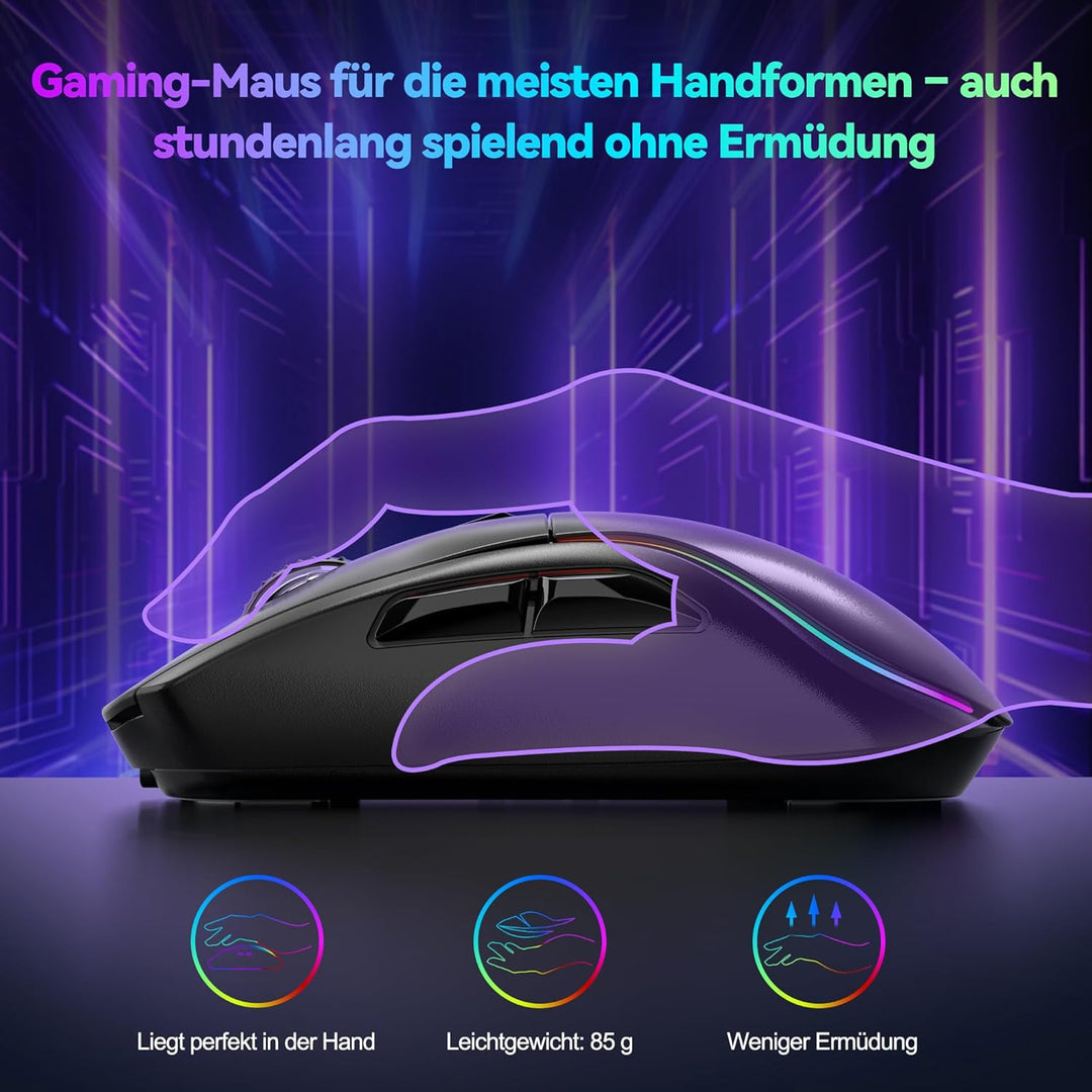 TECKNET Gaming Maus Kabellos, 24000 DPI mit DREI Verbindungsmodi und 6 RGB-Leuchten, Wiederaufladbar