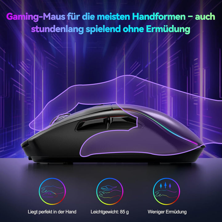 TECKNET Gaming Maus Kabellos, 24000 DPI mit DREI Verbindungsmodi und 6 RGB-Leuchten, Wiederaufladbar