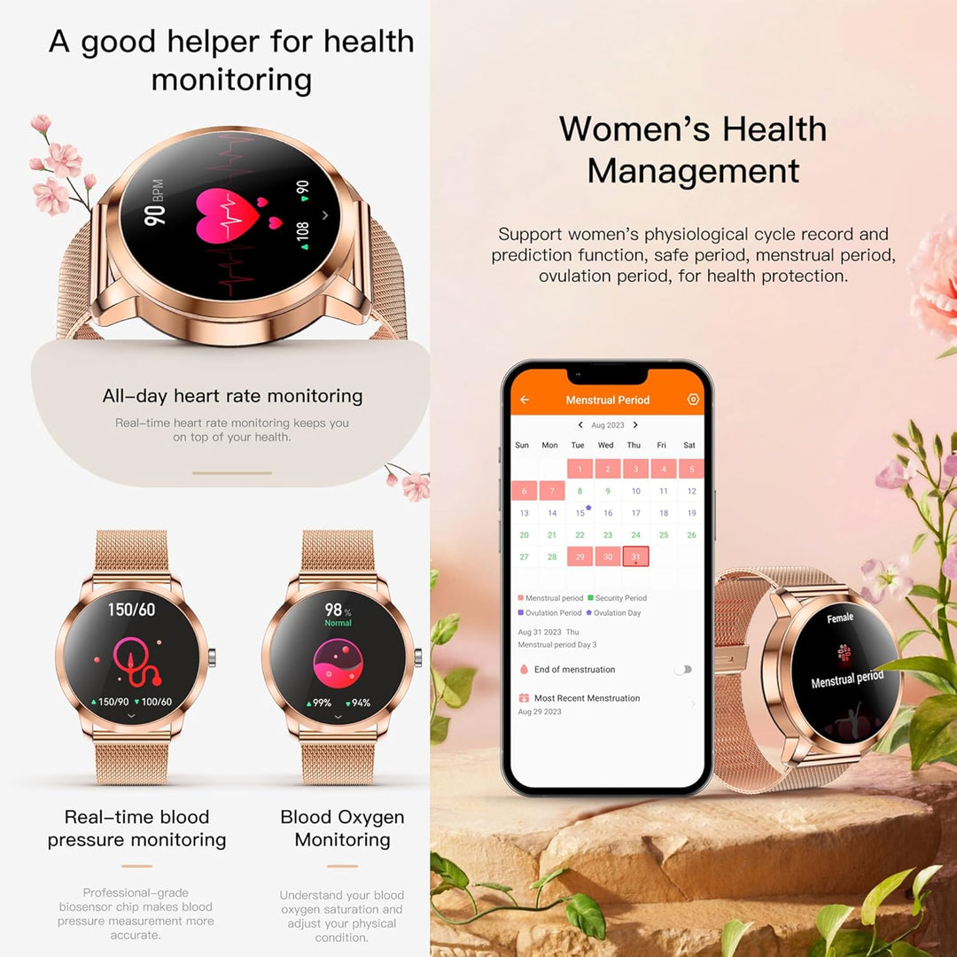 Smartwatch Damen mit Telefonfunktion, 1,09” Fitnessuhr mit 123 Sportmodi, Pulsmesser, Schlafmonitor,