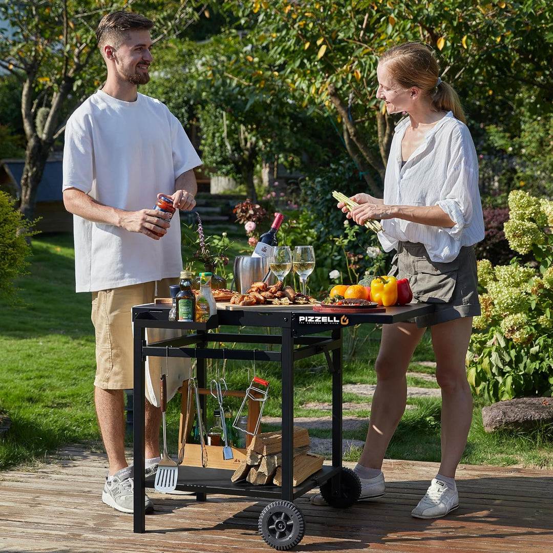 PIZZELLO Outdoor Grill Esswagen Beweglicher Pizzaofen Trolley BBQ Ständer Doppelregal Outdoor Workta