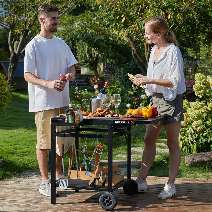 PIZZELLO Outdoor Grill Esswagen Beweglicher Pizzaofen Trolley BBQ Ständer Doppelregal Outdoor Workta