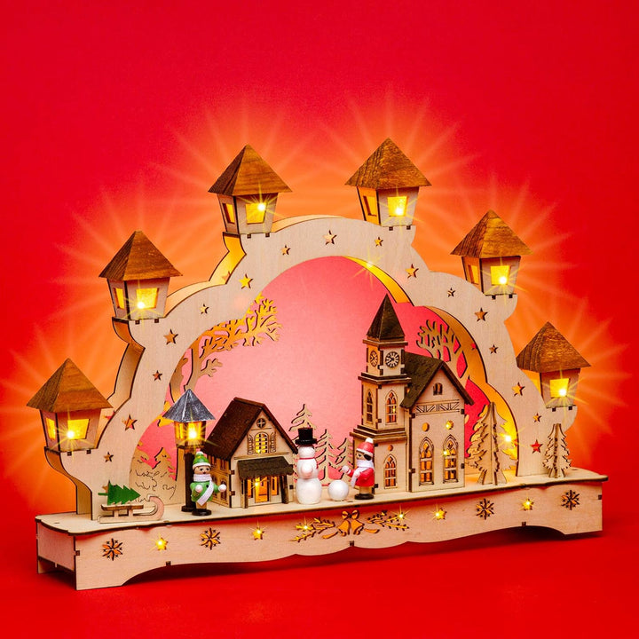Sikora LB62 beleuchteter LED Holz Schwibbogen WEIHNACHTSDORF inklusive Trafo