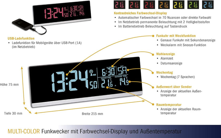 TFA Dostmann Multi-Color Digitaler Funk-Wecker mit Farbwechsel (70 Nuancen), 60.2548, Ladefunktion f