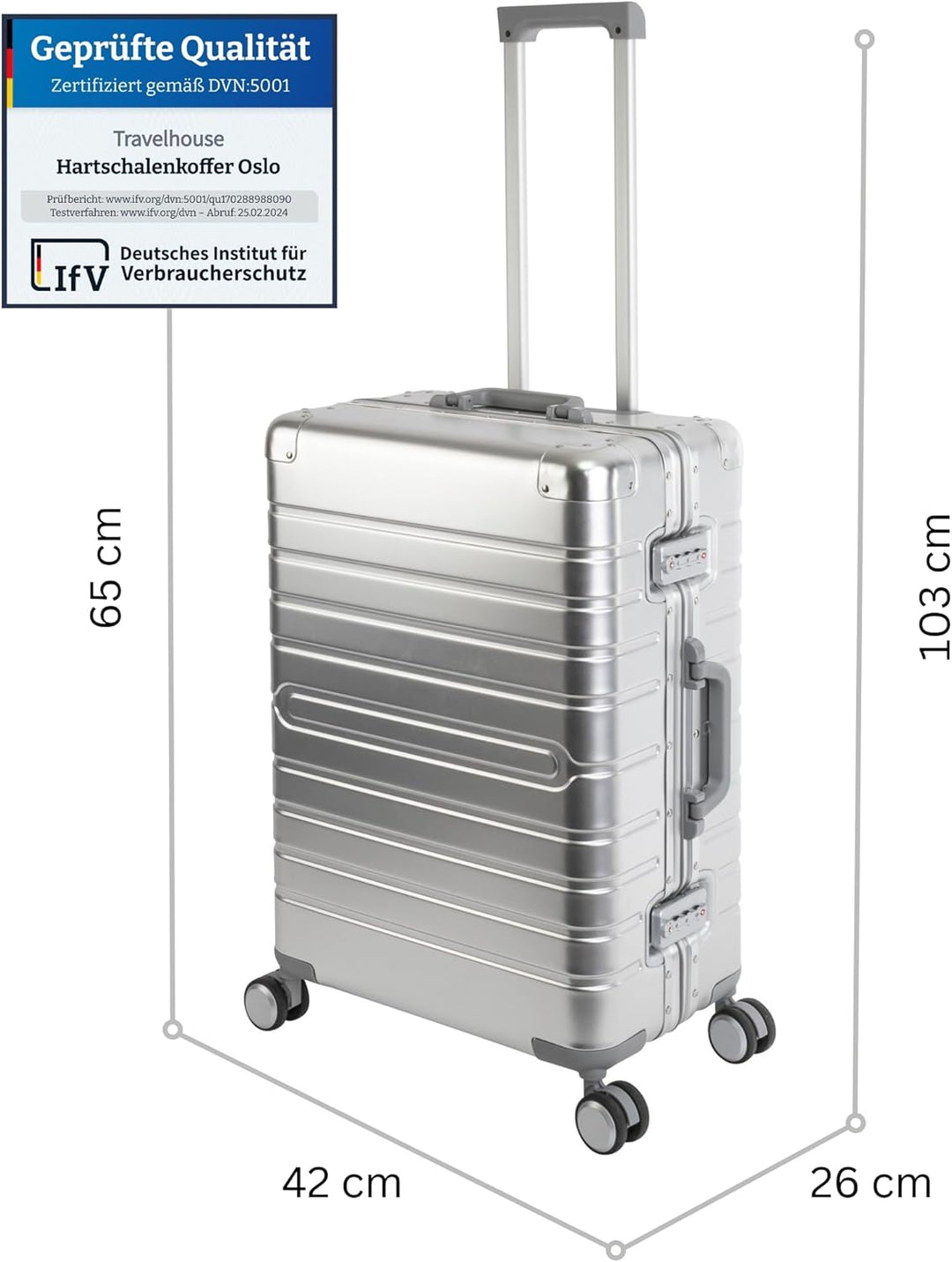 Travelhouse Oslo Alu Reisekoffer Silber M-65cm Hartschalenkoffer Reisetrolley Suitecase Trolley 2X T