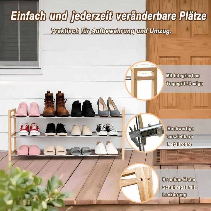 LEMIKKLE Schuhregal Holz Eiche 3-stöckig, Erweiterbar Mit Edelstahl-Elementen, Ideal Für Enge Räume,