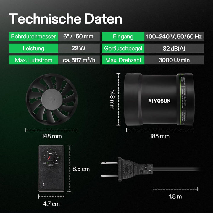 VIVOSUN Rohrventilator 150 mm mit Drehzahlregler, 587 m³/h leiser EC Rohrlüfter, Abluftventilator fü