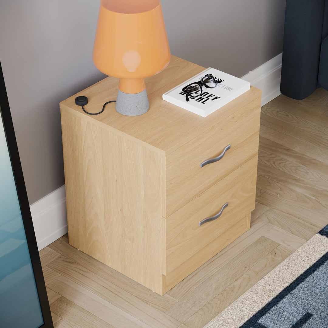 Vida Designs Nachttisch, Kiefer, 2 Schubladen mit Metallgriffen und -schienen, einzigartige Schublad
