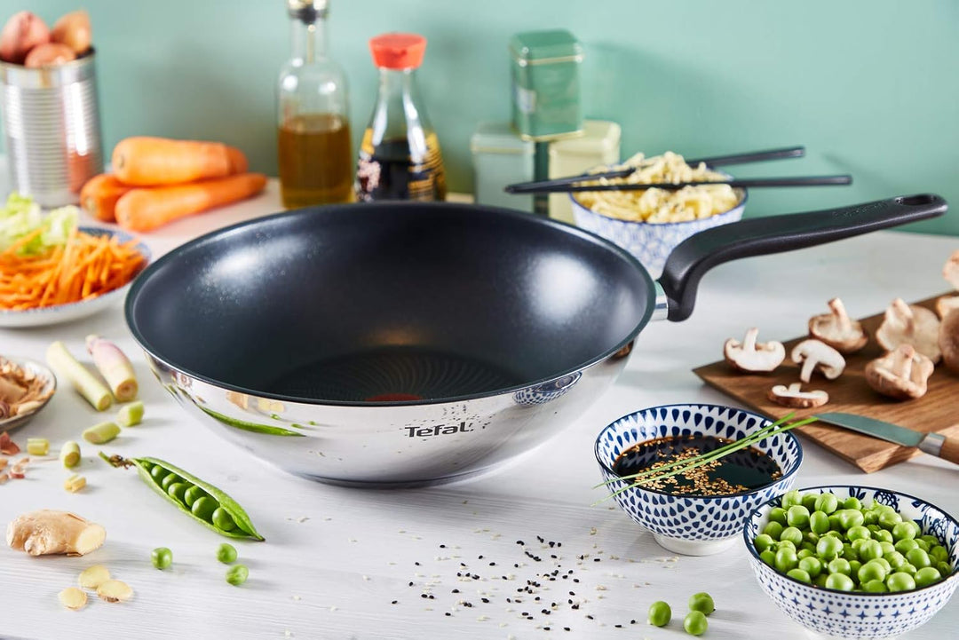 Tefal Primary Wokpfanne 28 cm, Edelstahl mit Antihaftbeschichtung Wok Antihaftbeschichtung 28 cm, Wo