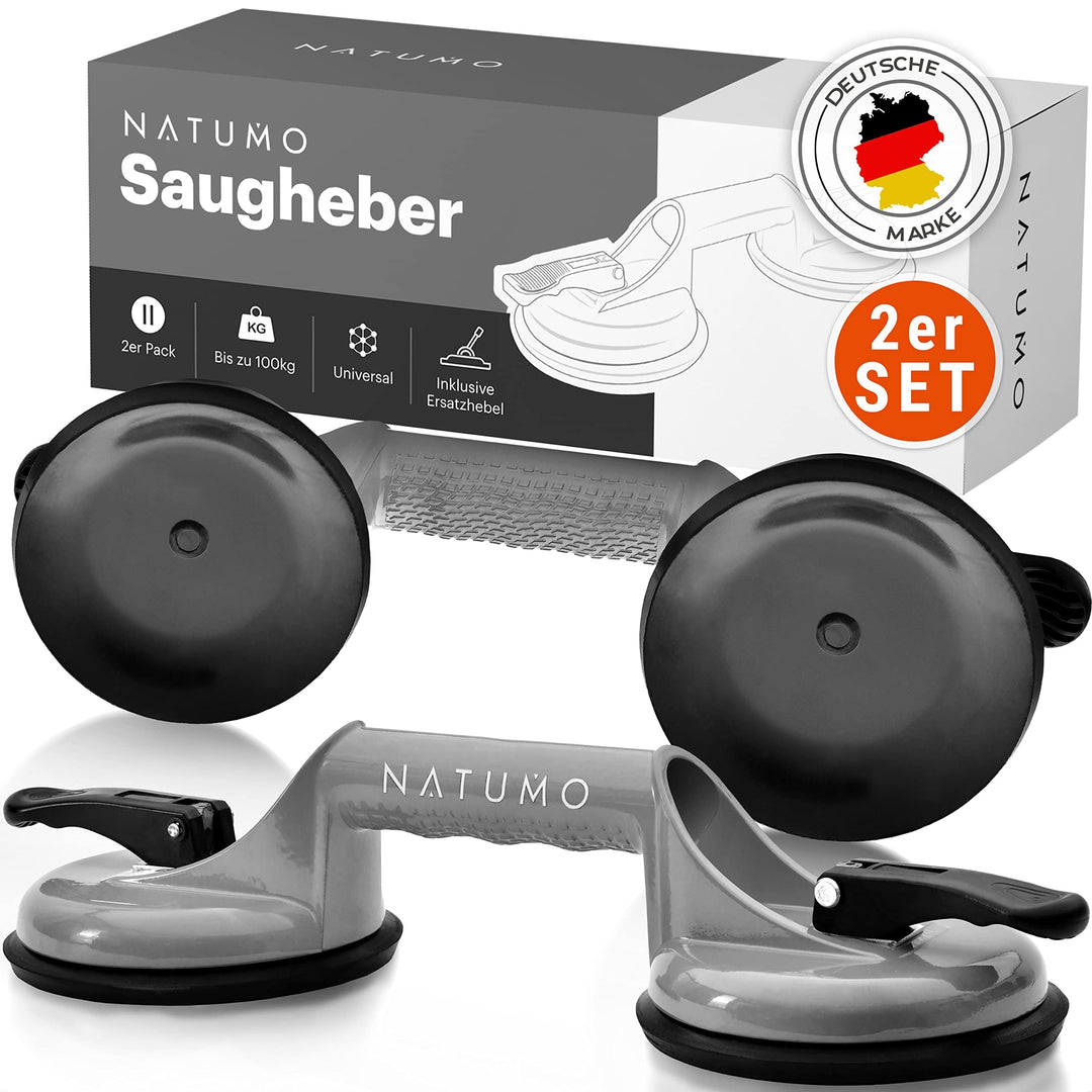 NATUMO® Saugheber [2er Set] - Glassauger mit 100kg Tragkraft - Vakuumheber mit ergonomischen & rutsc