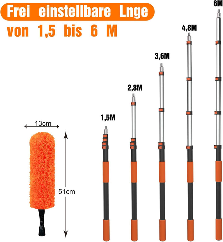 6m Staubwedel Teleskop, 6 Stück Spinnwebenbesen mit Teleskopstiel, Profi Fensterputzer Set und Flies