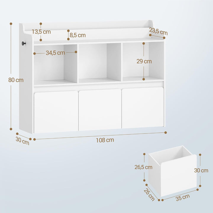 Hzuaneri Kinderregal mit Bücherfach & Rollschubladen 30 x 108 x 80 cm, Weiss | 3 offene Fächer, 3 ro